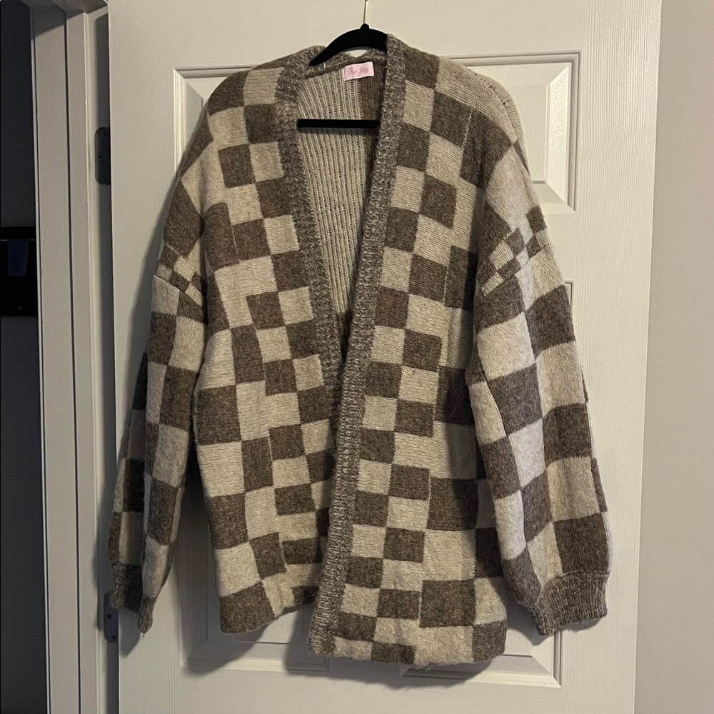 Pink Lily Brown and Cream Checkered Cardigan